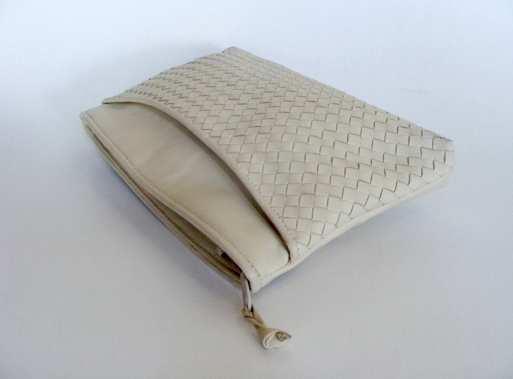Ganson Beige Woven Leather Purse Clutch Bag Taupe Leather