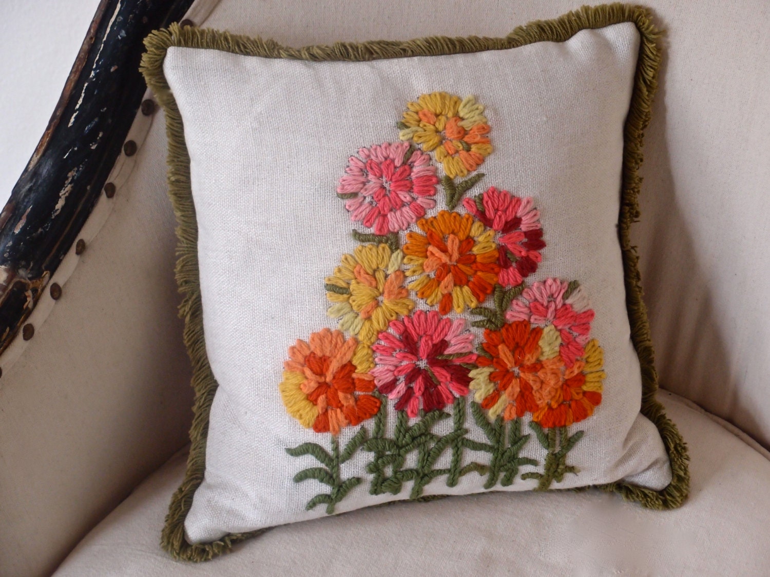 Vintage Crewel Embroidered 70's Flowers Pillow by LAKEANDSAGE