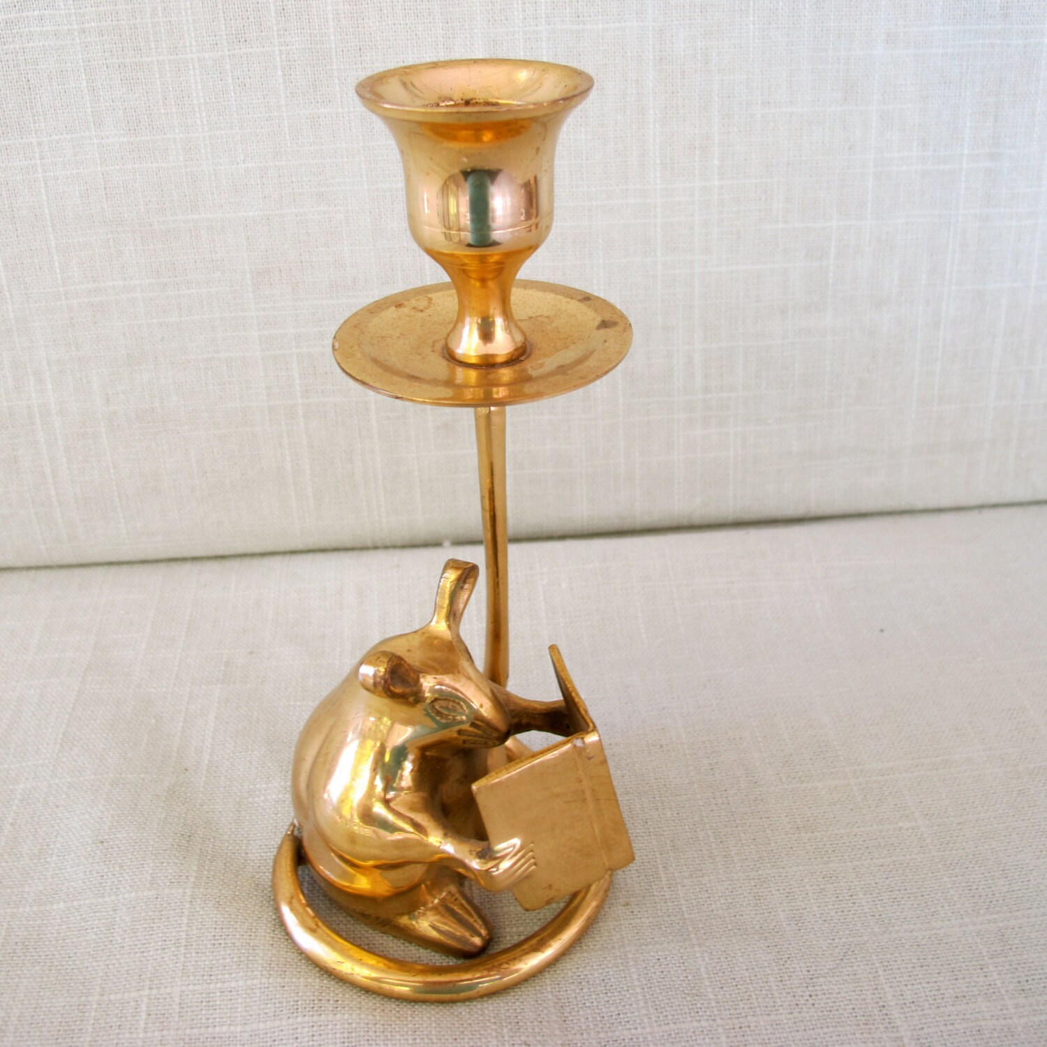 Brass Mouse Reading Book Candle Holder