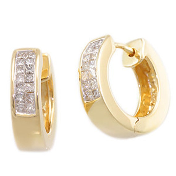 Princess Cut Diamonds Hoop Earrings 14K Yellow Gold Ladies