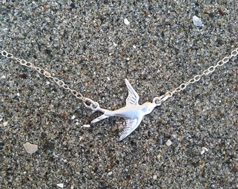 Bird Necklace, Tiny Bird Pendant, Matte Silver