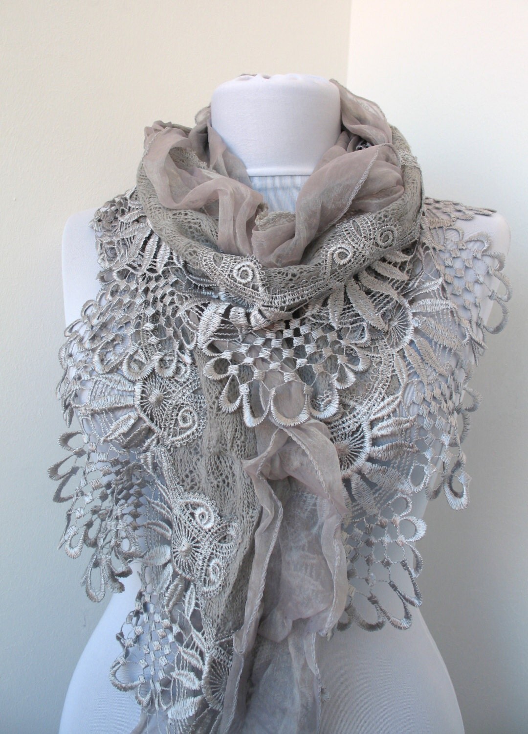 Gray Lace Scarf Soft Knit Fabric Scarf Cowl Scarf Shawl