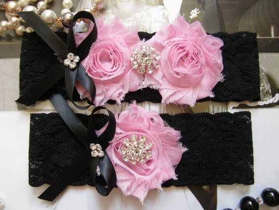 Pink and Black Wedding Garters / Lace Garter / Crystal Rhinestone / Bridal Garter Set / Bridal Garter / Toss Garter  / Vintage Inspired