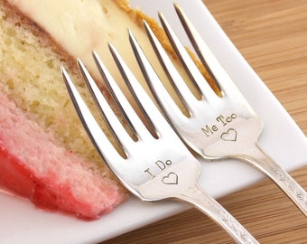 I Do / Me Too Dessert Fork Set - Hand Stamped Vintage Silverware, wedding silverware, wedding gift