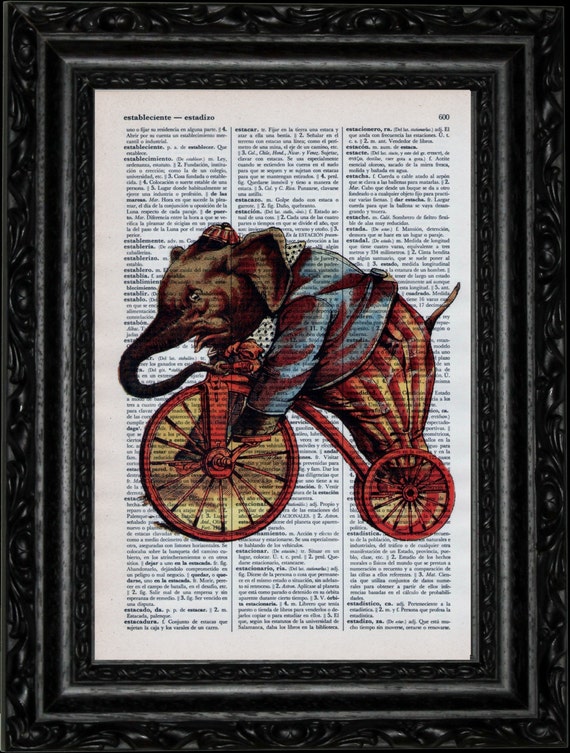 Elephant Tricycle Dictionary Art Vintage Book Print by UPage