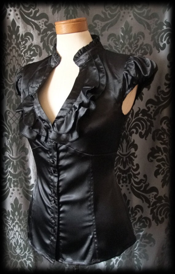Gothic Black Satin Frilled GOVERNESS Fitted Blouse 8 10