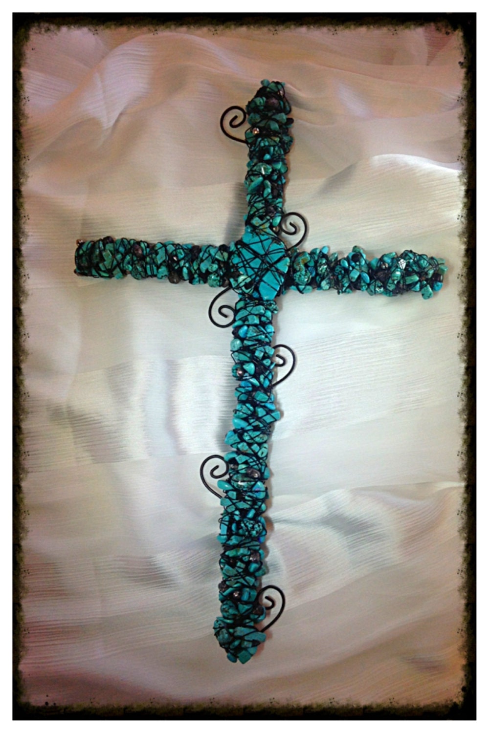 Large Wall Cross Beaded Wire Wrapped Cross with Blue