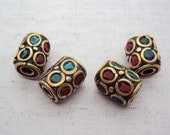 2pcs Tibetan beads-Nepal bead-Turquoise & Red coral inlay-T028