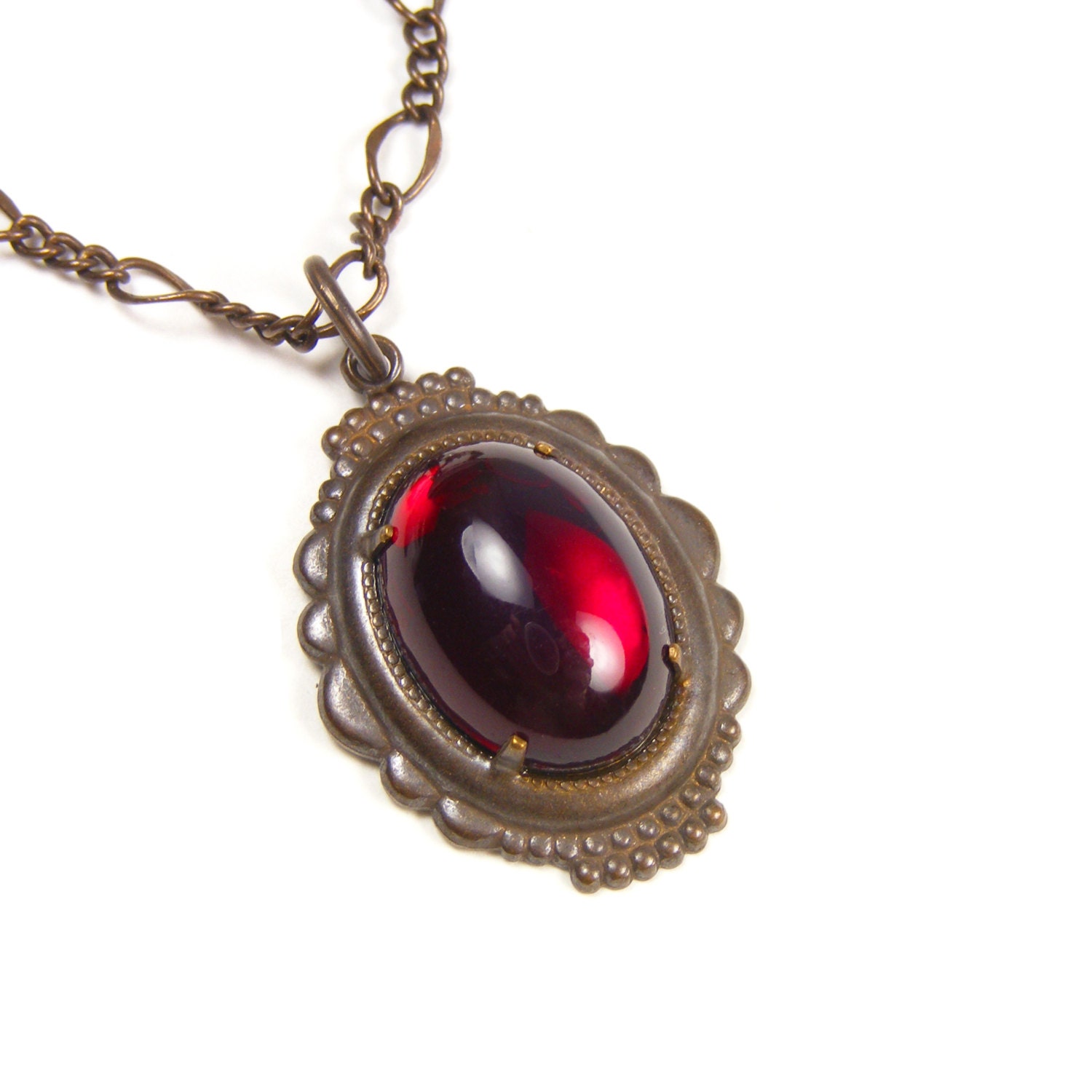 Ruby Red Pendant Necklace, Downton Abbey Edwardian Style Red Pendant, Vintage Glass Cabochon