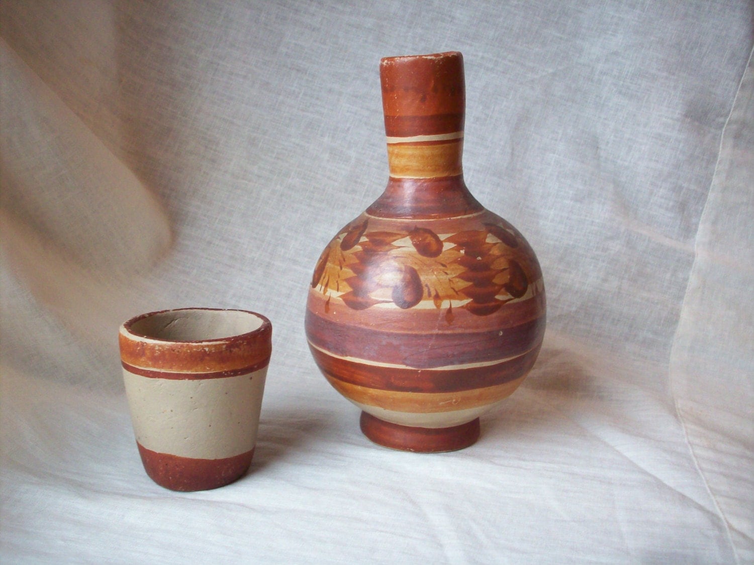 Handmade Mexican Clay Pottery Water Jug with Cup
