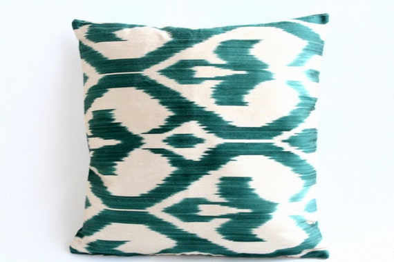 Emerald  Silk Real Ikat Square Pillow Cover -free shipping