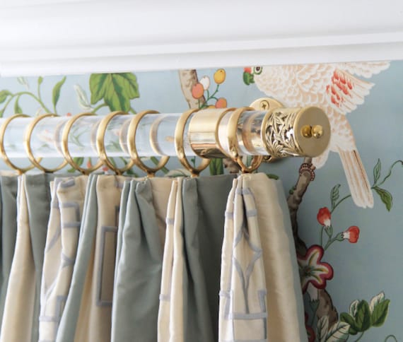 Custom Lucite Curtain Rod w/ Polished Brass Brackets & Lattice Finials