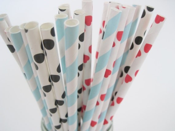 Alice in Wonderland Paper Straw Mix - Red Heart, Black Dot, light Blue Stripe - ships less than 24 hours Il_570xn
