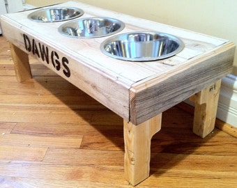 Reclaimed rustic pallet furniture dog bowl stand pet feeding station with 3 brand new stainless steel bowls. 29 1/2" L X 12" W X 11" T