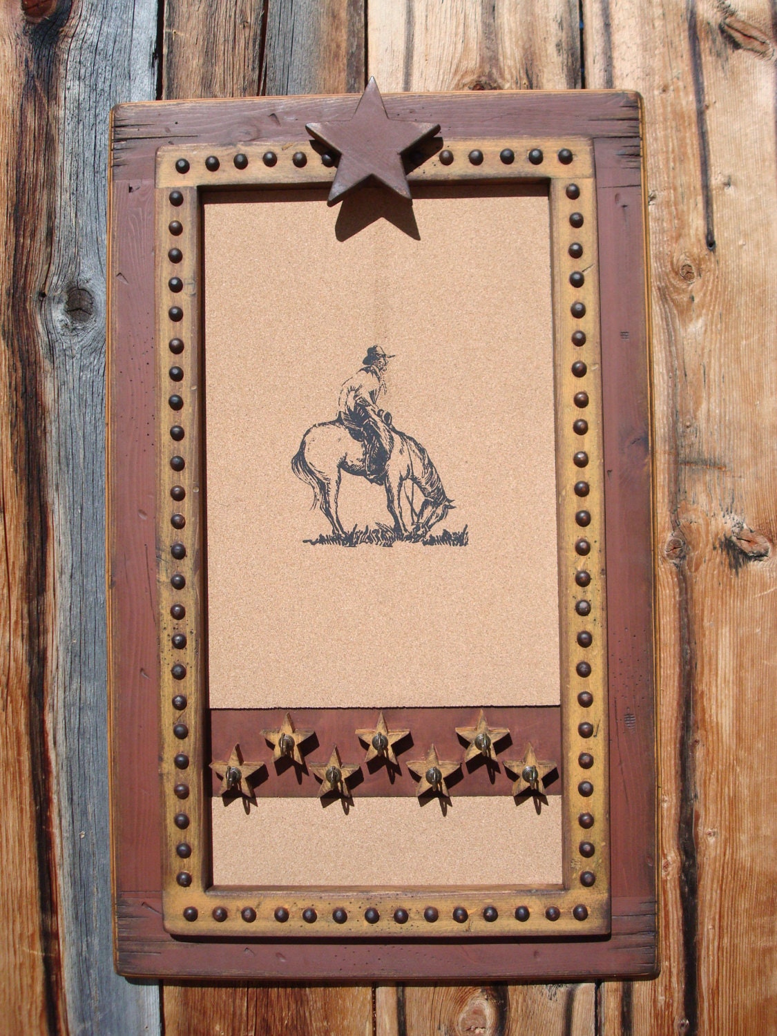 Cork board & key hooks. Rustic wooden frame cork board