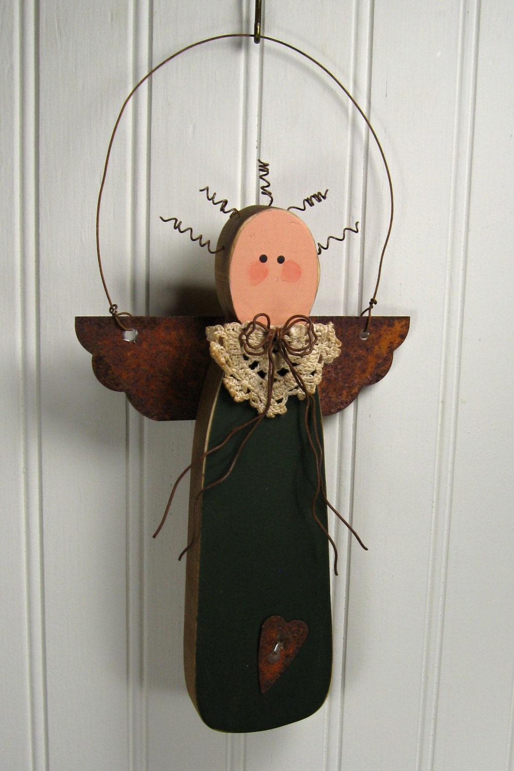 Primitive Wooden Garden Angel with Rusty Tin by TheCountryTouch