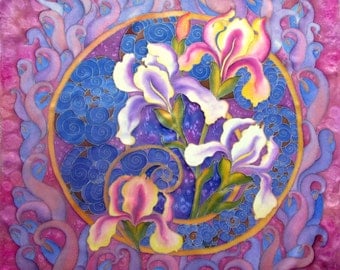 Silk scarf, handpainted.Batik shawl 'Romantic Irises' hand-painted on silk. Gift for her. Made to order