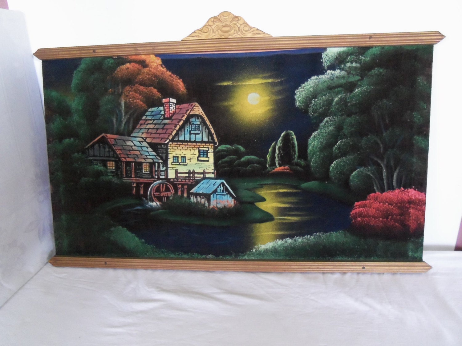 Framed Black Velvet Painting Wall Hanging Landscape Scene