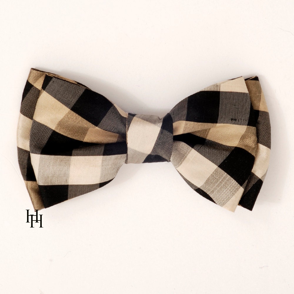 Silk Men's Double Bow Tie/ Black and Gold Plaid Checks