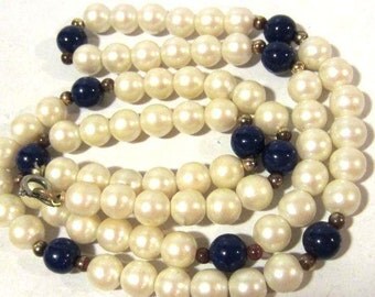 Vintage necklace faux pearl & blue stone 25'' Length
