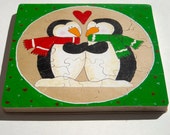 Hand Painted Wooden Children's Puzzle -  Holiday Penguins in Love