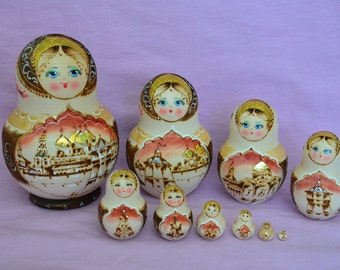 Russian matryoshka 10 pcs wood burned nesting dolls Sergiev Posad authentic handmade