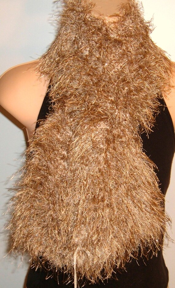 Handmade Scarf Hand Knit Boa Eyelash Metallic Wide Light Brown