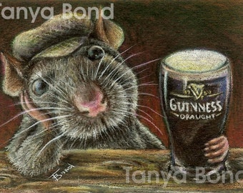 Paddy the rat drinking Guinness in a quiet pub - 5x7 print of an original drawing by Tanya Bond