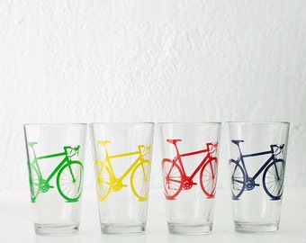 BIKE PARTY GLASSWARE set of 4 screen printed bicycle pints