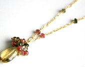 Watermelon Tourmaline Drop Necklace, Gemstone Cluster Teardrop Pendant, Gold Fill Chain