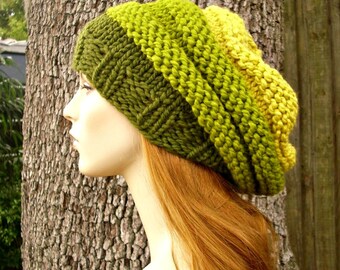 Knit Hat Green Womens Hat - Oversized Beehive Beret Hat in Ombre Green - Olive Lemongrass Citron Knit Hat - Green Beret Womens Accessories