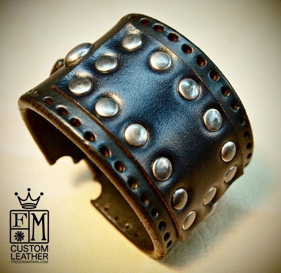 Black leather cuff wristband Vintage style with hand aged rivets and buckle hand made for YOU in NYC by Freddie Matara