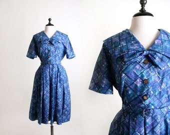 Vintage 1950s Dress - Early 1960s Mad Men Artistic Bow Day Dress - Large XL