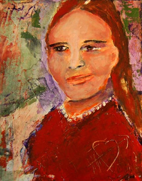 Acrylic Portrait Painting, Original, 8x10, Mixed Media, Canvas, Woman, Love, Girl, Orange, Red
