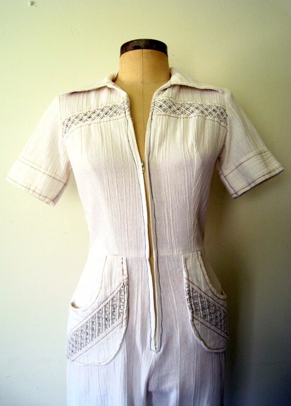 1970s Jumpsuit // White Jumpsuit // 70s high waist pantsuit