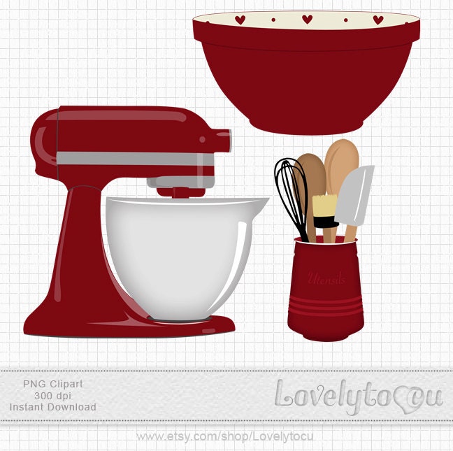 Kitchen Baking clip art set mixer utensils and bowl by Lovelytocu