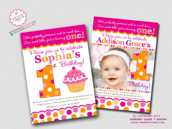 Cupcake Cutie Pie (Pink and Orange) - First Birthday Party Invitation (Digital File OR Cardstock Printed Cards Also Available) Il_570xn