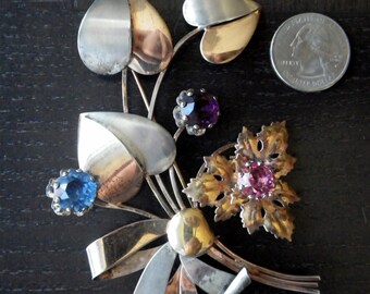 Striking Brooch - SIlver/Vermail/Rhinestone Flowers -Sterling Silver