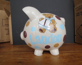Large Piggy Bank- Personalized-Teddy Bear, Sailboat, and Polka Dots