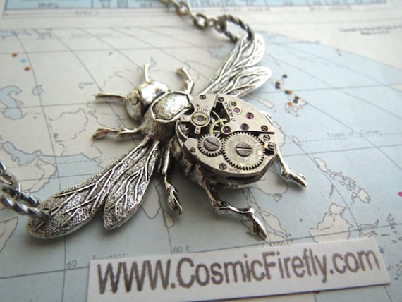 Steampunk Necklace Antiqued Silver Bee Necklace Tiny Vintage Watch Movement Primitive Gothic Victorian Watch Parts Jewelry by CosmicFirefly steampunk buy now online