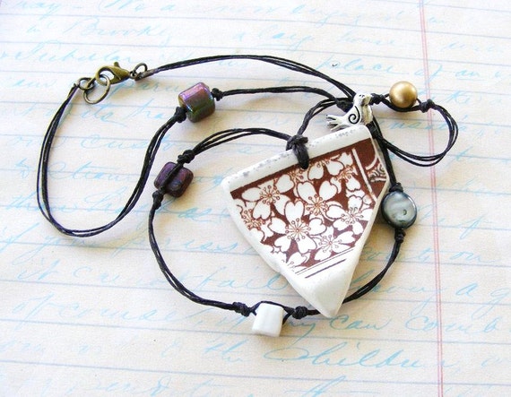 Ivory and Coffee Brown Beach Glass Pottery Shard by meiguidesigns