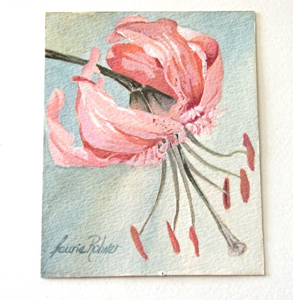 Watercolor Painting Botanical Garden Flower Original Artwork Pink Oriental Lily by Laurie Rohner