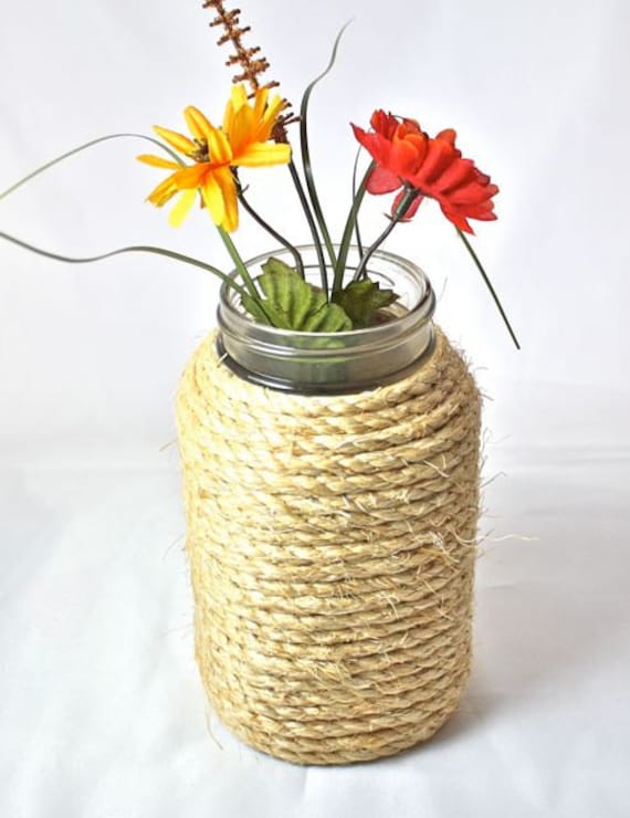 Items similar to Rope Wrapped Mason Jar, white sisal rope, nautical