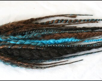 Natural dread fall in brown and turquoise - mixed texture synthetic dreads and braids - Made to order