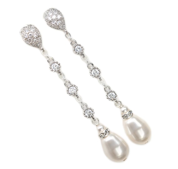 Long Pearl Dangle Earrings Bridal Pearl Drop Earrings Teardrop Pearl