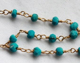 18 Inches / 1.5 Feet Hand Cut Turquoise Gemstones on Gold Plated Wire Chain // Hand Wire Wrapped Chain
