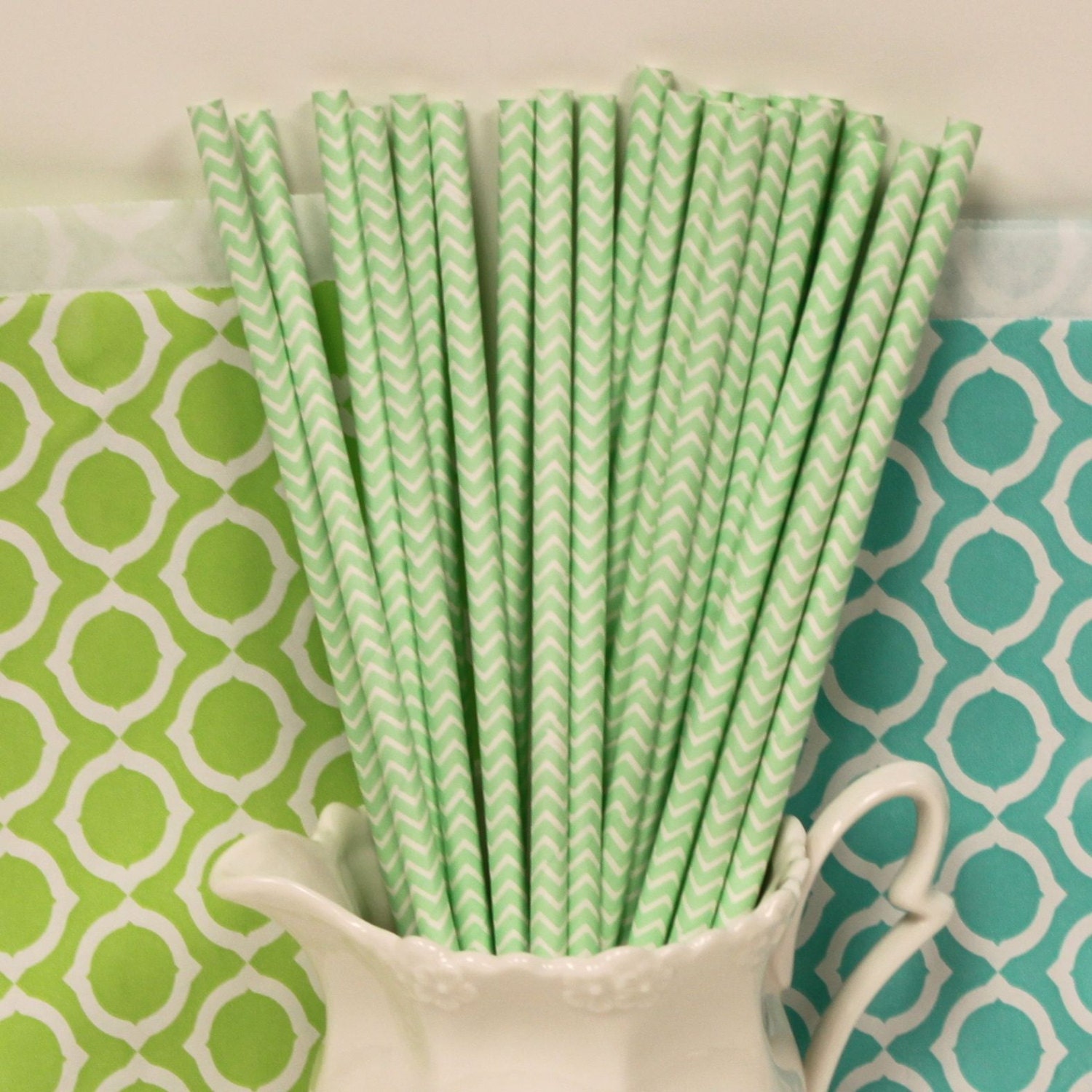 CHEVRON Paper Straws MINT Green Striped Paper by ThePartyFairy