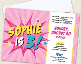 Pink Superhero Party Invitations - Professionally printed *or* DIY printable