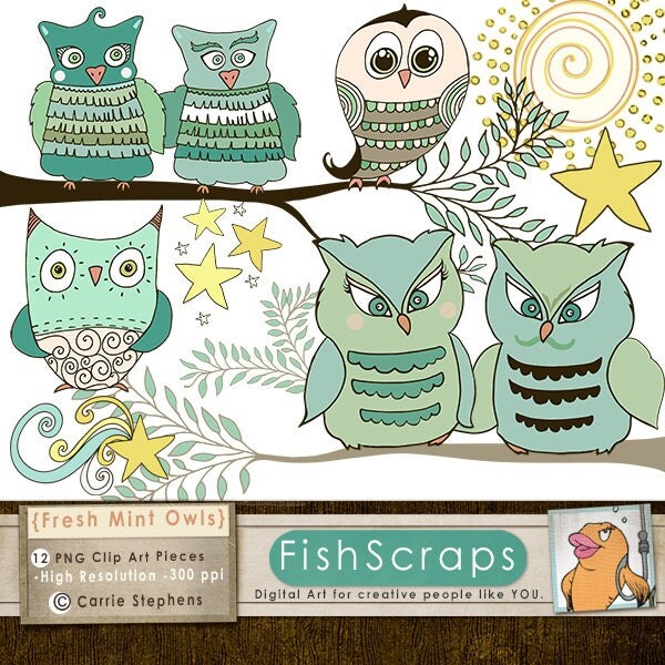 Owl Clip Art Fresh Mint Green Teal & Aqua Commercial by FishScraps