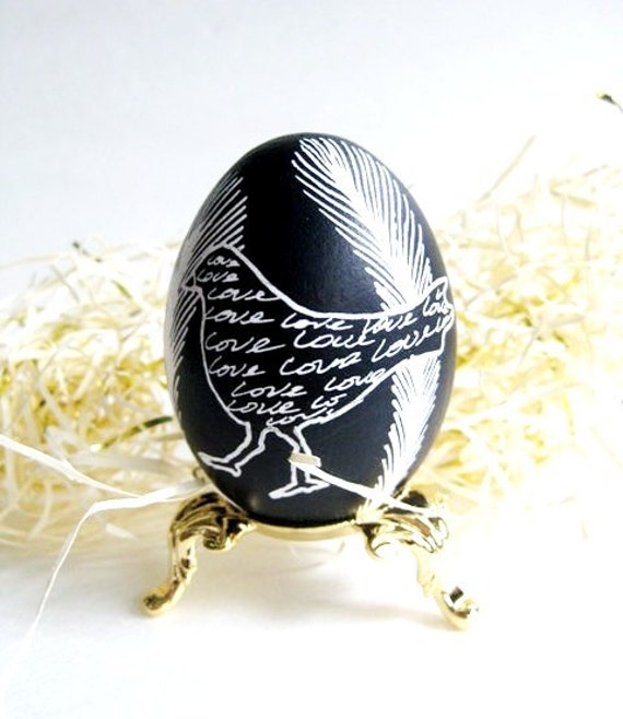 Bird Black and White Pysanka - hand painted batik egg, Ukrainian pysanky Easter eggs, chicken egg shell